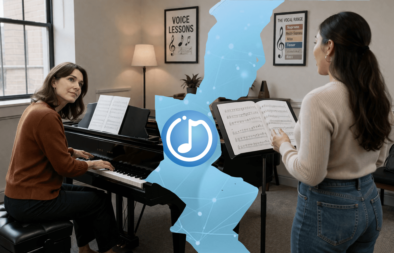 A piano teacher playing alongside a student during an online music lesson using Lyrekos for perfect synchronization